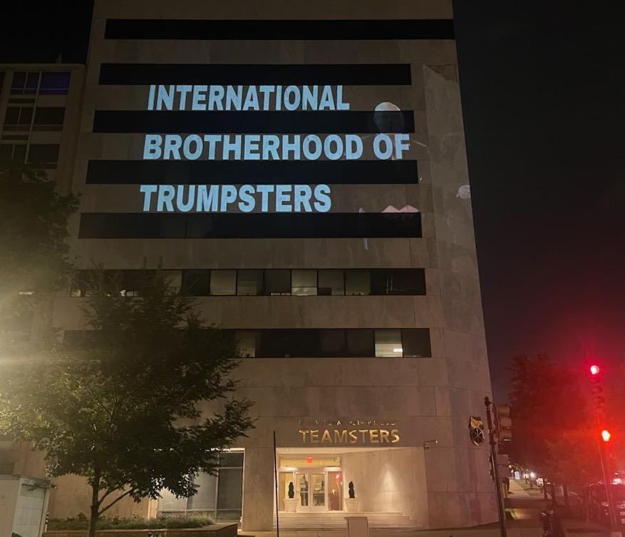 GrimKim's tweet image. Yikes. The Teamsters HQ in D.C. is currently lit up with insults from someone who seems to be a little unimpressed with O’Brien’s RNC appearance.

“International Brotherhood of Trumpsters”

“Sean O’Brien is a Class Traitor”

“Trump Stand Your Butt Up So O’Brien Can Kiss Your Ass”