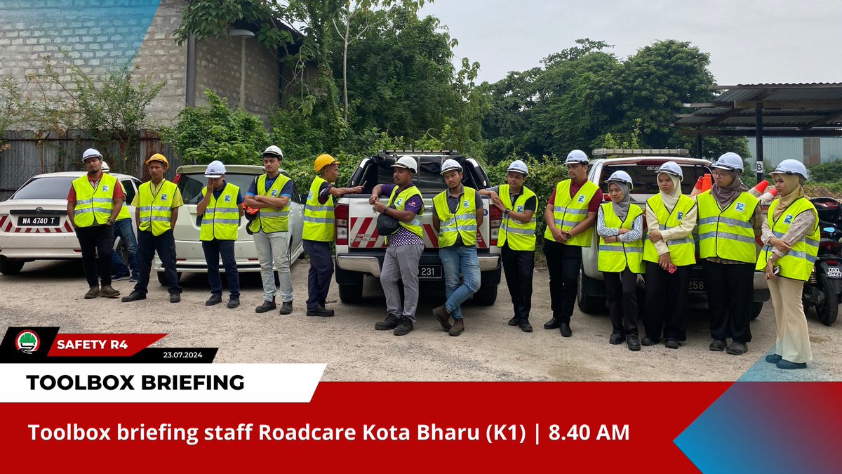 TOOLBOX BRIEFING STAFF RC KAWASAN KOTA BHARU 🚧👷🏻‍♂️

TARIKH : 23/07/2024
MASA : 8.40 AM
LOKASI : PEJABAT ROADCARE KOTA BHARU

TOPIK :

- WARNING SIGN
- SAFETY CONE / BARRIER
- PPE
- TCP
- CIDB
- PENALTY

#TowardsSafetyCulture
<a href="/Roadcare_Kelntn/">ROADCARE WILAYAH KELANTAN</a> 
<a href="/RC_KBharu/">Roadcare K. Bharu</a>