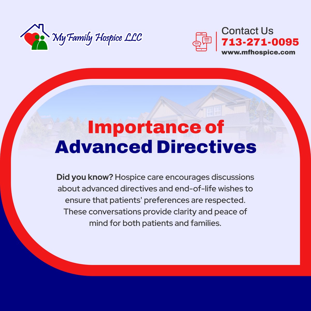 myfamilyhospice's tweet image. Talking about advanced directives ensures patients' end-of-life wishes are respected. Hospice care promotes these discussions for peace of mind and clarity. It's essential for honoring patients' choices.

#StaffordTX #HospiceCare #AdvancedDirectives