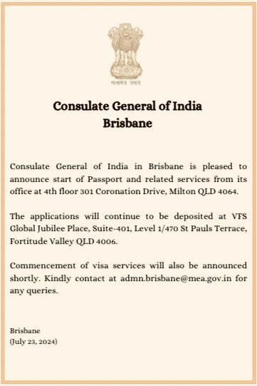 CGIBrisbane's tweet photo. Consulate General of India, Brisbane has commenced the Passport &amp; related services. 
More details are given in notice below: https://t.co/Sk7yPDHvmK
