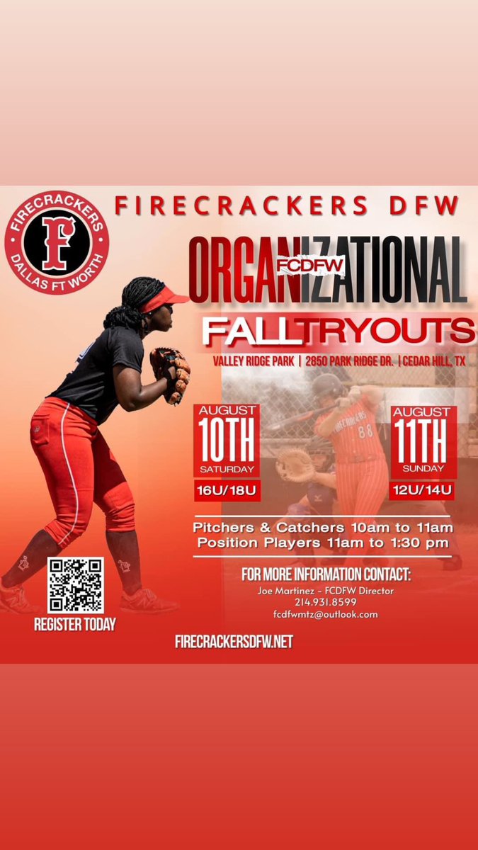 FIRECRACKERS DFW TRYOUTS!!! 
Come join the pipeline that brings out the competitor and will to win while creating a positive atmosphere and overall positive culture.

Please fill out the registration form 

Joe Martinez 
214-931-8599
Fcdfwmtz@outlook.com 
firecrackersdfw.net/events