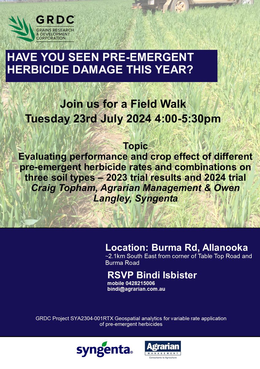Pre-emergent field walk this afternoon will now meet at the corner of Casurinas and Burma road and enter the field site via private property due to road closures in the Shire of Irwin