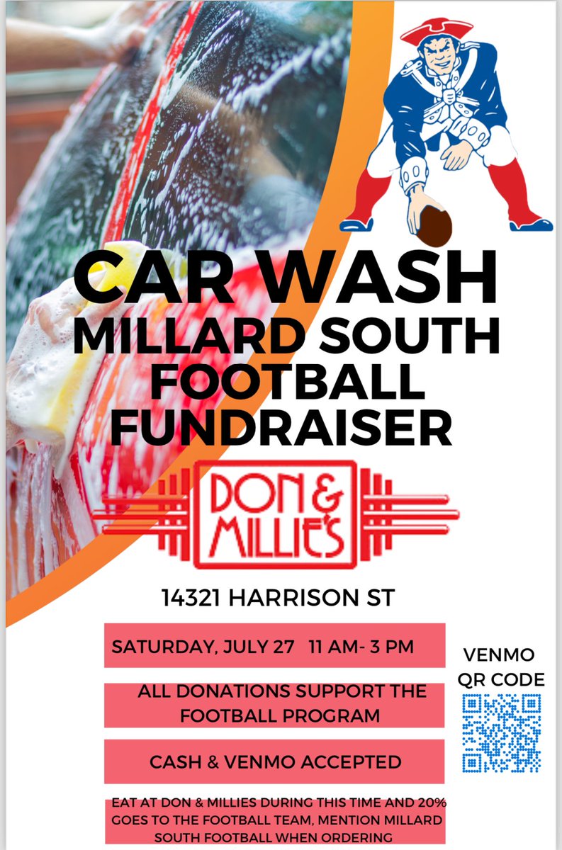 Come out to Don &amp; Millie’s on 144th &amp; Harrison this Saturday to have your car washed by your favorite football team!! 💦 🚗 Thanks for supporting Millard South football!
