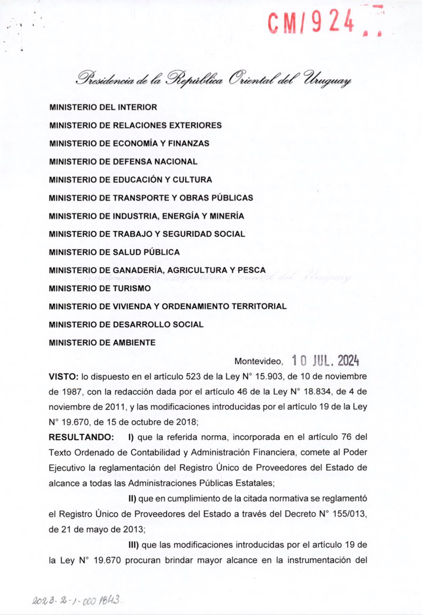 ⚠️ Decreto N° 202/024: Se aprueba nueva reglamentación del Registro Único de Proveedores del Estado (RUPE), adecuando sus disposiciones a las modificaciones introducidas al TOCAF por las Leyes 19.670, 19.889, 20.075 y 20.212.