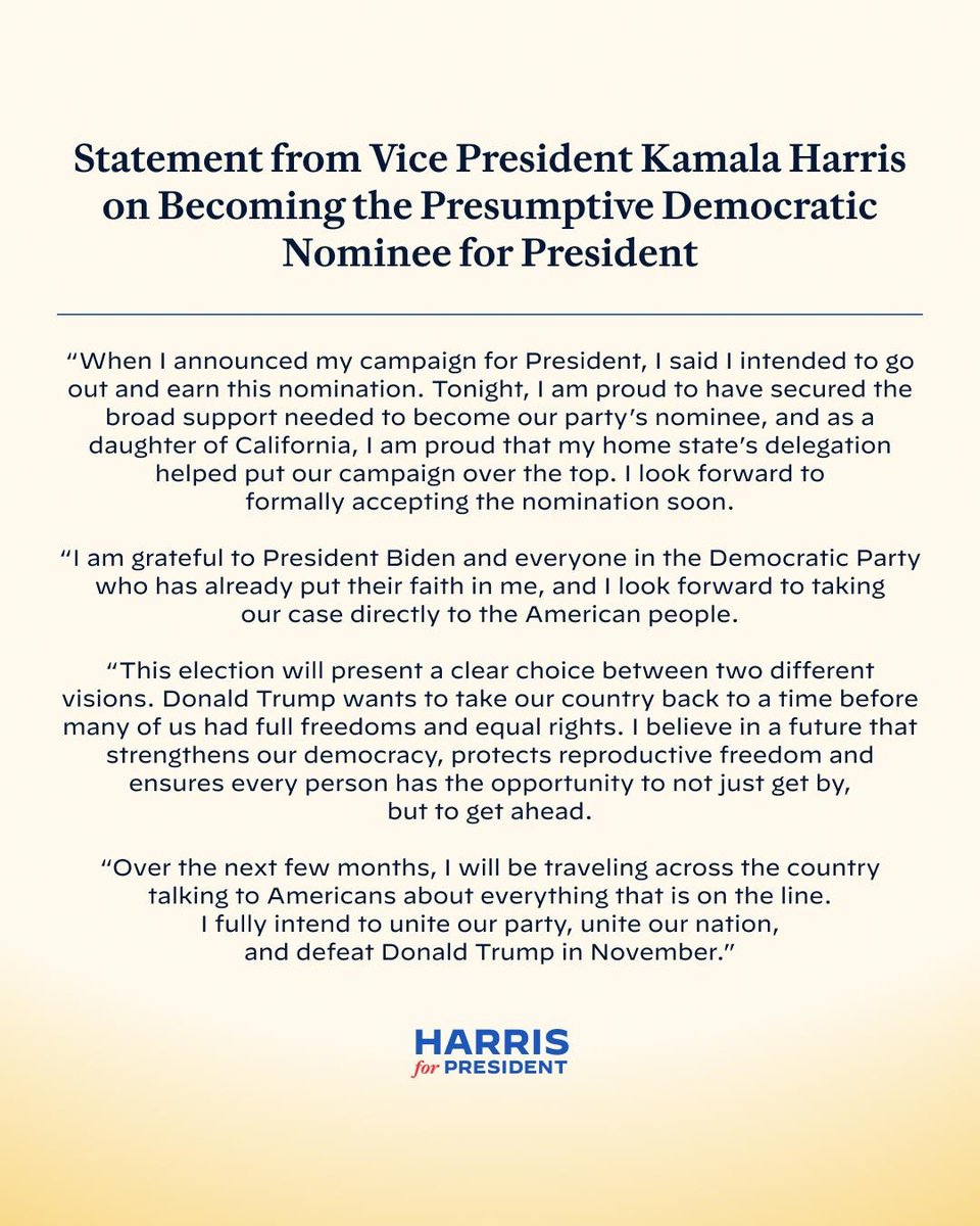 Statement from Vice President Kamala Harris on becoming the presumptive Democratic nominee for President