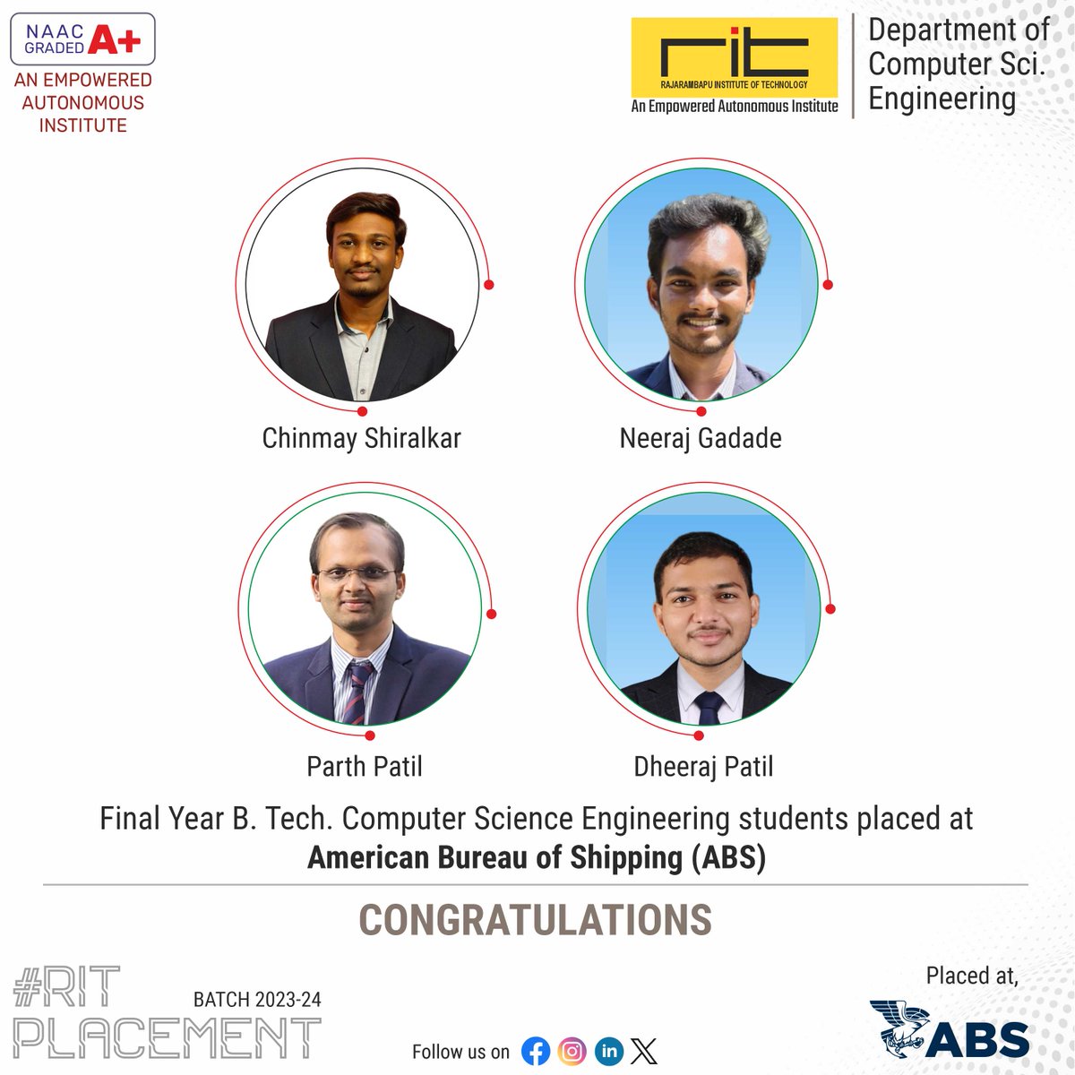 ritindia1983's tweet image. 🚀 Code your destiny! 🚀 Our Computer Science Engineering stars have secured their place in the tech cosmos, joining the stellar team at ABS! 🎉
You've turned algorithms into opportunities and now, you're set to revolutionize the digital landscape.
#CodeWarriors #ABSTechnology