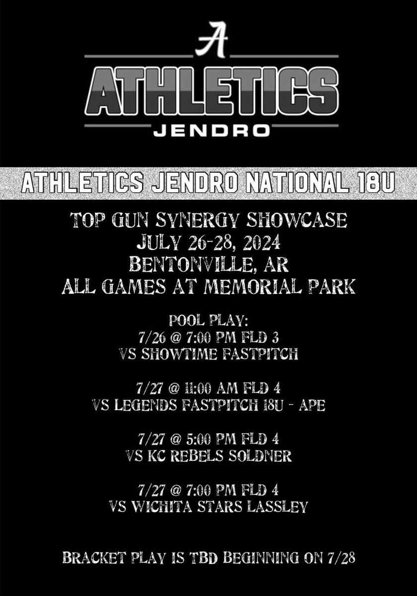 Last tournament of the season in Bentonville! Cant wait to compete one last time with this group of girls. Coaches here is our schedule. #uncommited #classof2026 <a href="/AthleticsJendro/">Athletics Jendro National 18u.</a> <a href="/BrianJendro/">Athletics jendro</a> <a href="/CoachLucas_/">Coach Lucas</a> <a href="/BakerWildcatSB/">Baker University Softball</a> @edmondcoach5 <a href="/hallieblackney/">Hallie Blackney</a> <a href="/kasey_grif/">Kasey Griffith</a> <a href="/CoachD_sball/">Denise Godwin</a>
