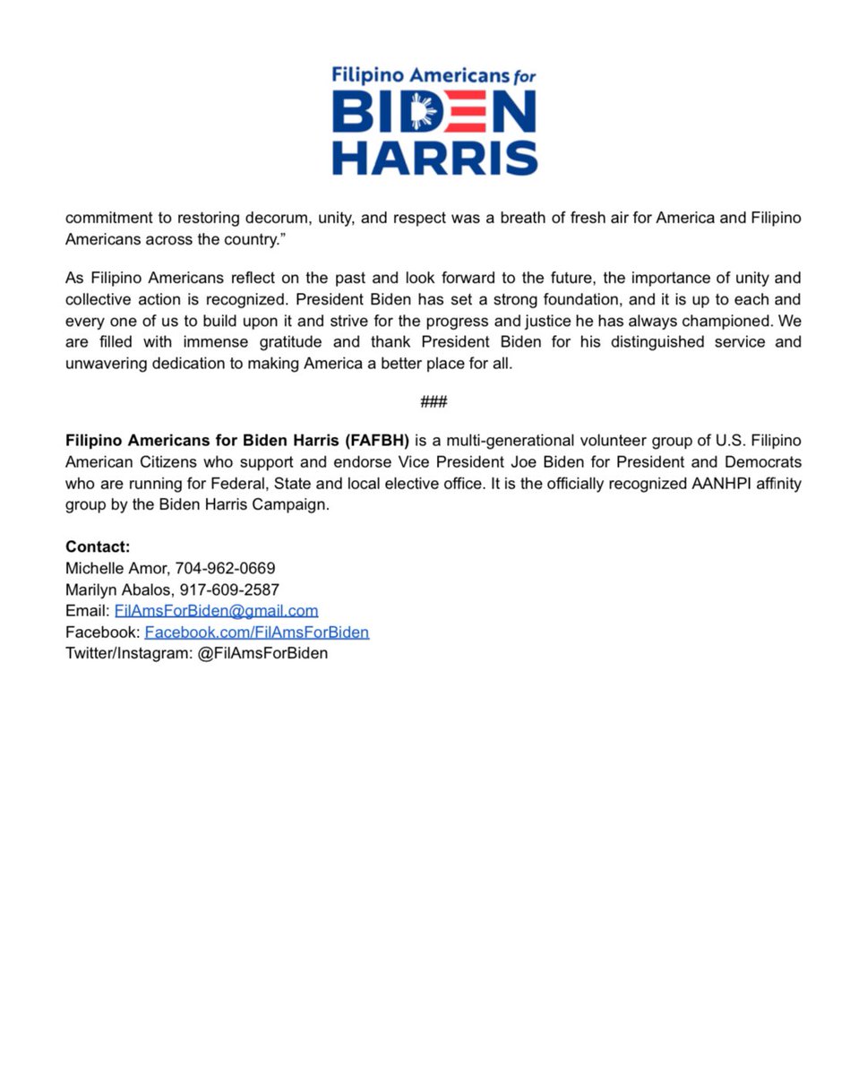 FilAmsForBiden's tweet photo. FILIPINO AMERICANS FOR BIDEN HARRIS THANKS PRESIDENT JOE BIDEN FOR HIS DEDICATED SERVICE

Filipino Americans for Biden Harris (FAFBH) extends our deepest gratitude to President Joe Biden for his distinguished service and steadfast commitment to the United States of America. https://t.co/KkdMWT8B3t