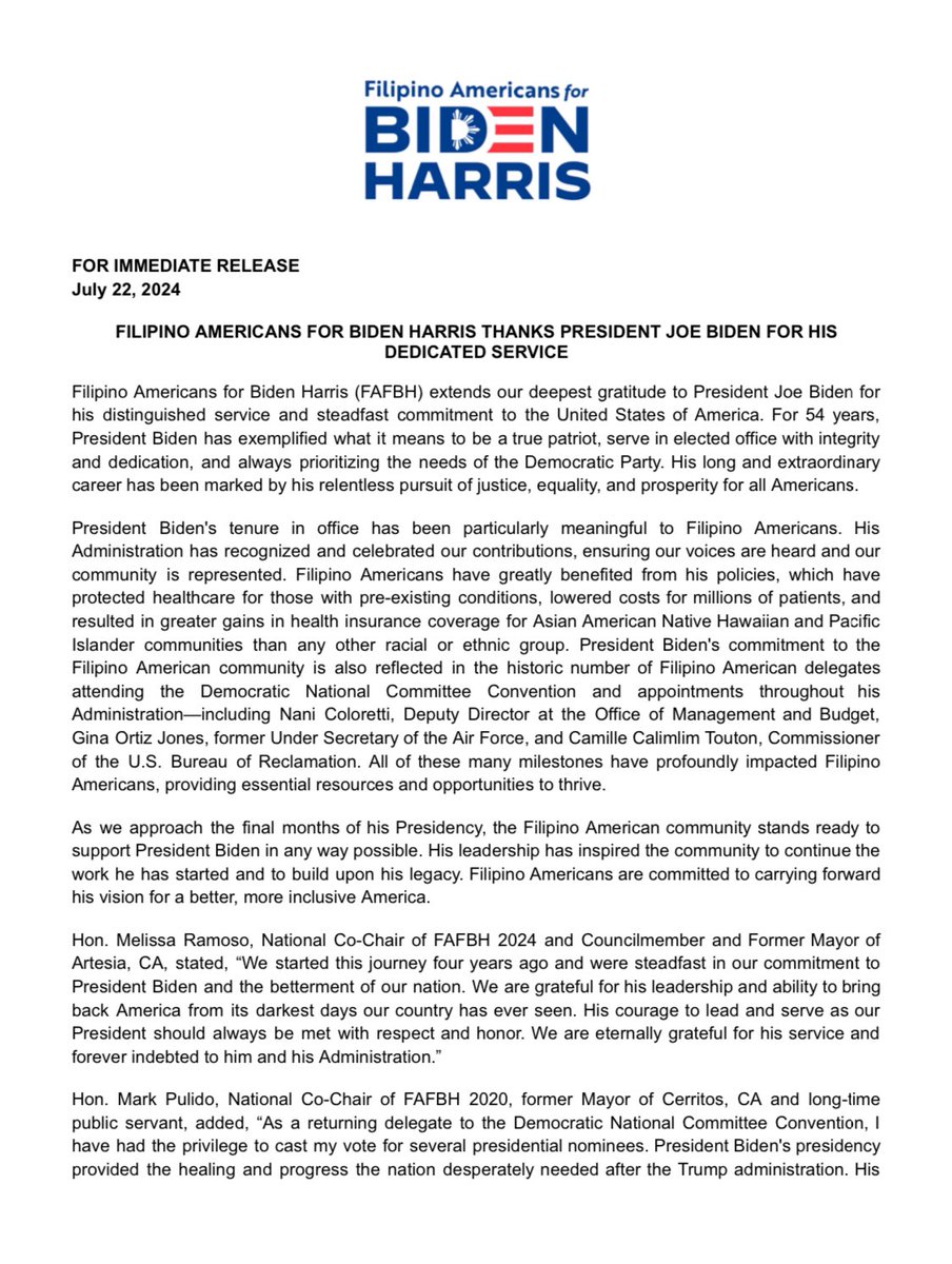 FilAmsForBiden's tweet photo. FILIPINO AMERICANS FOR BIDEN HARRIS THANKS PRESIDENT JOE BIDEN FOR HIS DEDICATED SERVICE

Filipino Americans for Biden Harris (FAFBH) extends our deepest gratitude to President Joe Biden for his distinguished service and steadfast commitment to the United States of America. https://t.co/KkdMWT8B3t