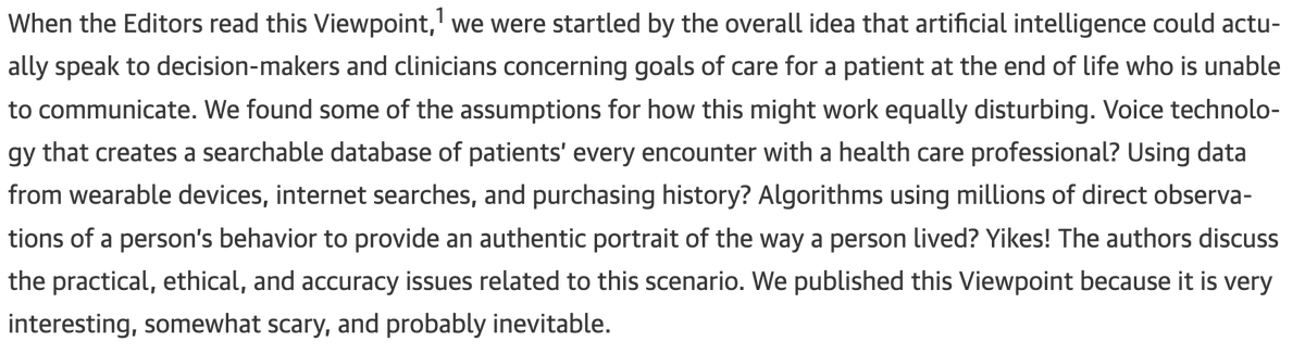 This editor's comment from <a href="/JAMAInternalMed/">JAMA Internal Medicine</a> is the best hook for our viewpoint exploring how #AI might speak for incapacitated patients at the end of life <a href="/TevaBrender/">Teva Brender</a> <a href="/AlexSmithMD/">Alex Smith, MD</a>

 "very interesting, somewhat scary, and probably inevitable"

Full text: jamanetwork-com.ucsf.idm.oclc.org/journals/jamai…