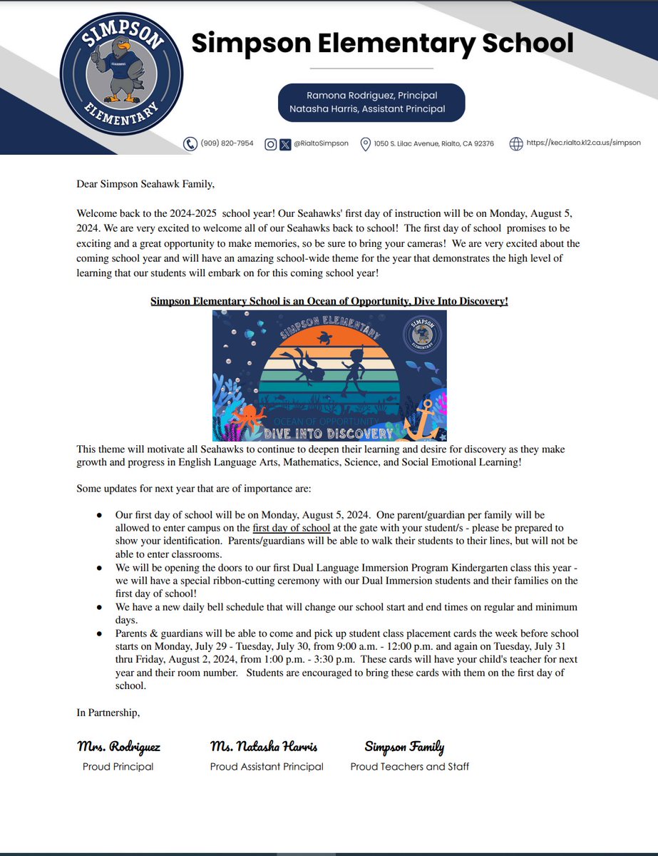 RamonaR1971's tweet photo. Welcome back, Seahawks!  Our first day back to school is Monday, August 5, 2024!  This will be an incredible year! Our theme for this year is: Simspon is an Ocean of Opportunity - DIVE INTO DISCOVERY! https://t.co/xyv16SwpYx