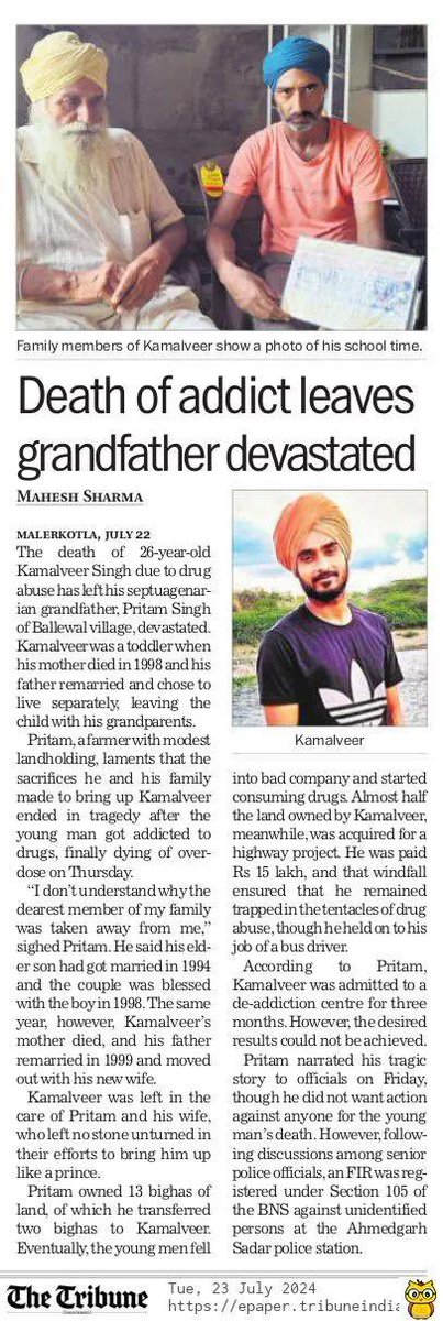 DaamanB's tweet photo. The tragic story of Kamalveer Singh is a stark reminder of the drug menace plaguing Punjab. His untimely death due to overdose has left his grandfather devastated. We need urgent action and community support to combat this crisis and save our youth. The entire society must act now, or else this problem will soon affect our own families and homes
#Punjab 
 #DrugCrisis 
 #SaveOurYouth