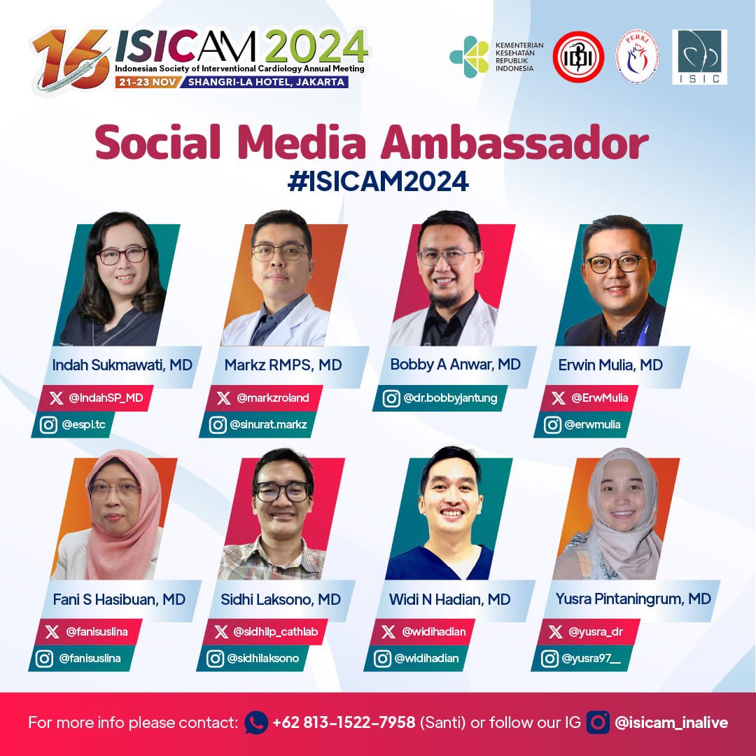 Proud to be #ISICAM2024 #SoMeAmbassador.
Follow us for updates &amp; lively discussion
<a href="/markzroland/">Markz Sinurat</a>
<a href="/ErwMulia/">Erwin Mulia</a> 
<a href="/fanisuslina/">Fani Suslina H</a> 
<a href="/sidhilp_cathlab/">sidhilaksono</a> 
<a href="/widihadian/">Widi Nugraha Hadian MD FIHA</a> 
<a href="/Yusra_dr/">Yusra Pintaningrum</a>
<a href="/ISIC_Official/">ISIC</a> 

Instagram: @isicam_inalive 
Registration &amp; details: isicam.id

<a href="/uziyahya46/">A. Fauzi Yahya</a>