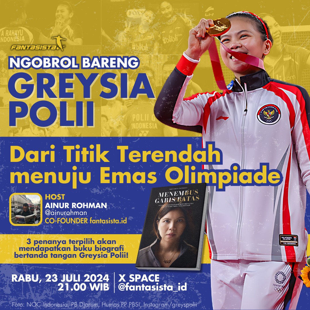 Nanti malam (23/7) pkl 21.00 WIB, jelang Olimpiade, kita akan ngobrol dgn <a href="/GreysPolii/">Greysia polii - GEL</a>.

Greysia adalah pemain WD pertama dlm sejarah Indonesia yg meraih emas Olimpiade, pemain bulu tangkis putri tertua dlm sejarah yg meraih emas Olimpiade. 

Silakan tulis di kolom reply jika ada