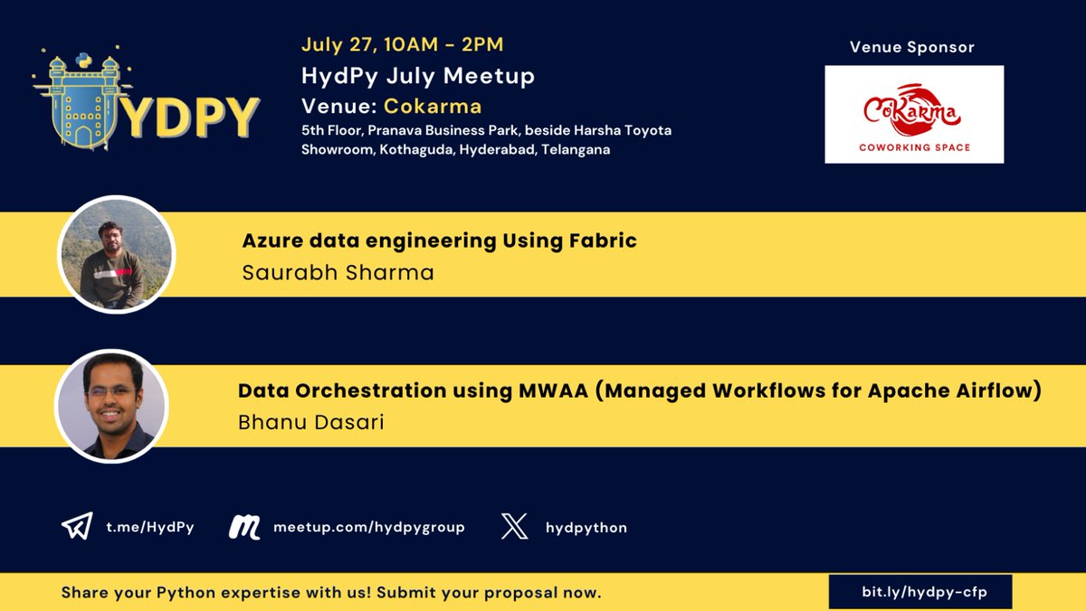 hydPython's tweet image. 🚀 Join us for the HydPy meetup happening on 27 July! We have an exciting agenda featuring talks on Airflow, Synapse &amp;amp; Fabric by Saurabh Sharma &amp;amp; Bhanu Dasari.

RSVP here: meetu.ps/e/NjBy0/M7kcz/i

Special thanks to @CoKarma_In for generously providing the venue.

#HydPy #Meetup