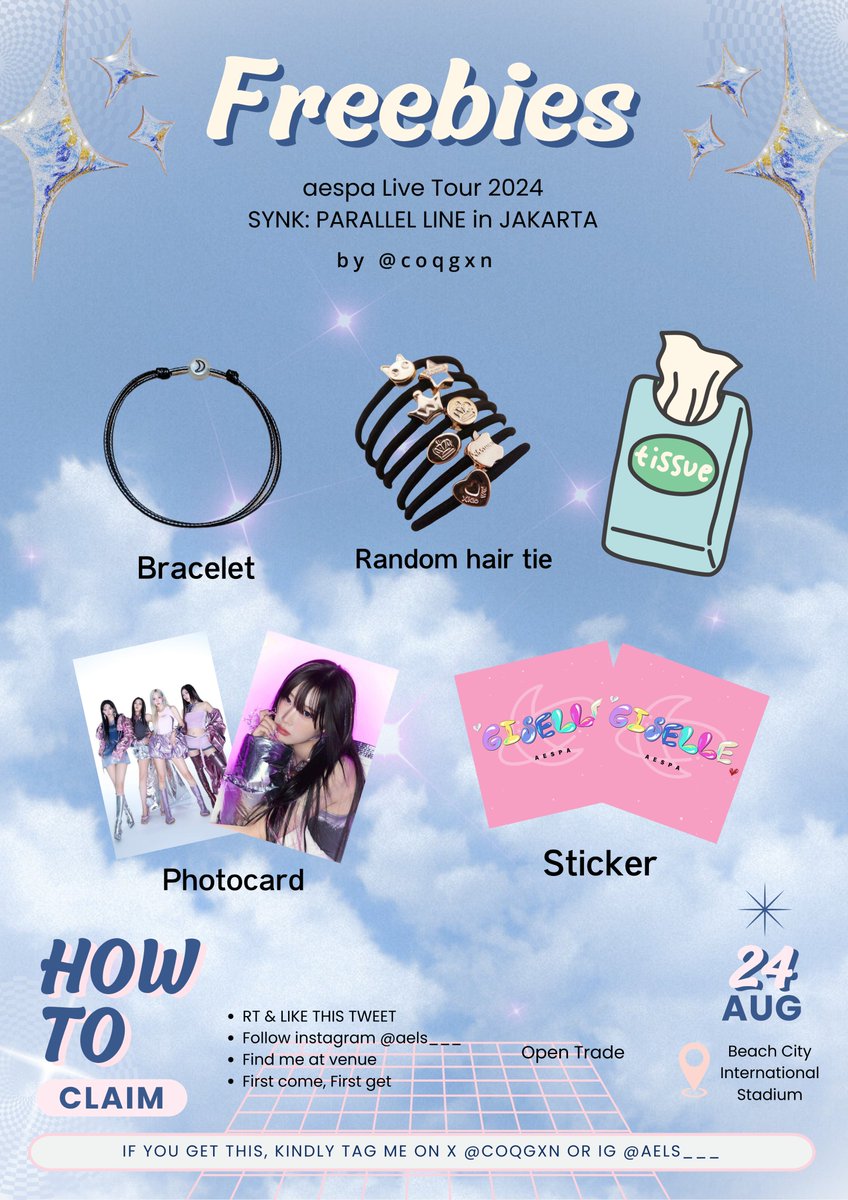 FREEBIES 2024 aespa LIVE TOUR - SYNK : PARALLEL LINE in Jakarta  by <a href="/coqgxn/">ael 軍械 / LANGSUNG WA</a>

🗓️24 Agustus 2024  
📌Beach City International Stadium
More Info TBA       

📌 RTs &amp; like are appreciated
📌 First come, First get

#aespa #AESPAinJKT #aespa_SYNK_PARALLELLINEinJKT #aespaLIVETOUR2024
