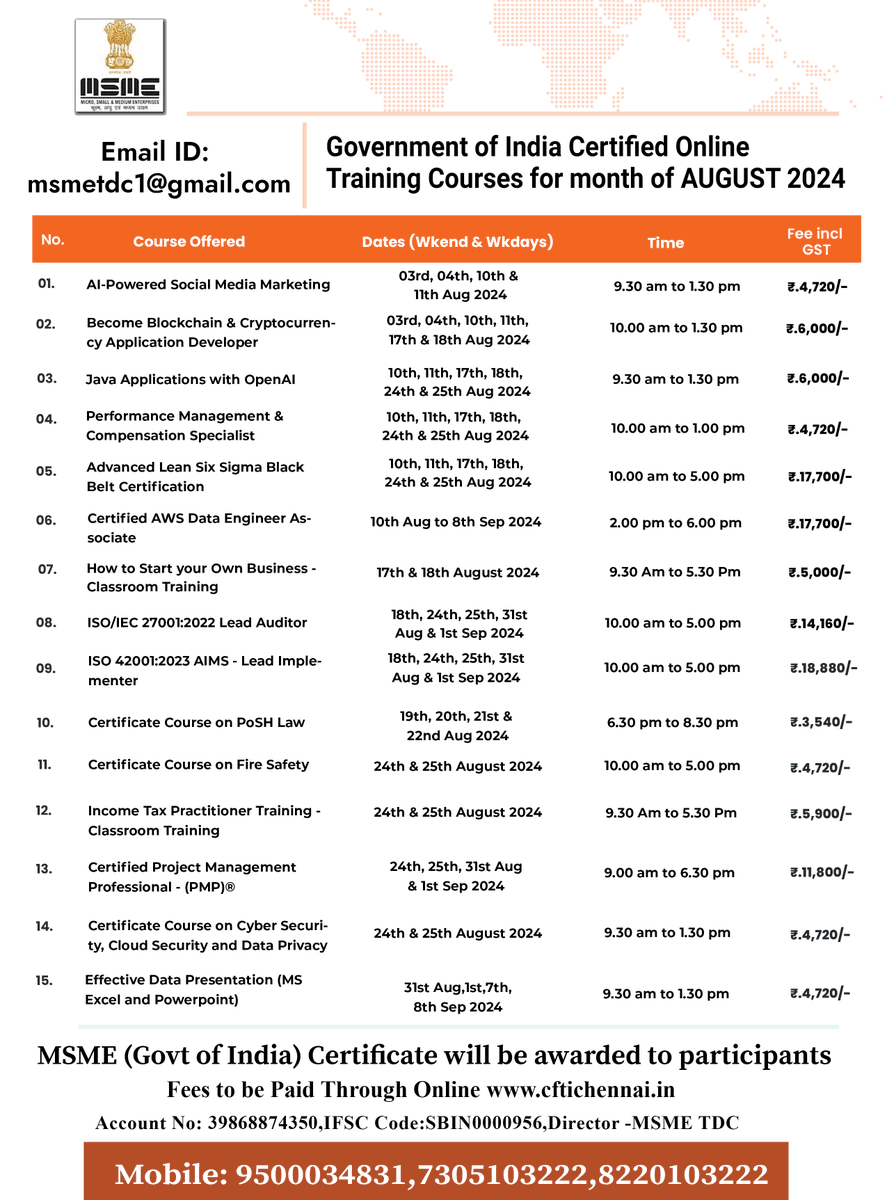 JPA_Solutions_s's tweet photo. MSME (Govt of India) August 2024 month Online / Classroom, Govt of India Certification Training Schedule. For Corporate, College, Education Institutions, reach out to Jegan and Yamini for full details.
To Register Reach Yamini 95000 34831 // 96772 90237
Jegan 82201 03222 https://t.co/EcNYIFYRk7
