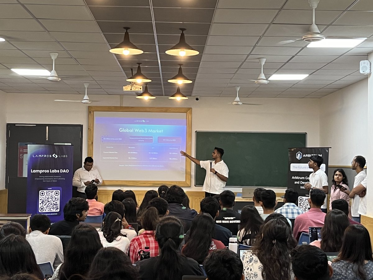 lamprosdao's tweet photo. Our session at @NavrachanaUni focused on empowering budding developers with the knowledge, skills, and experiences needed to build on @arbitrum and participate actively in #Web3 governance.

We introduced students to the fundamentals of Web3, Blockchain, and Arbitrum ecosystem. https://t.co/4kUjQQqO1J