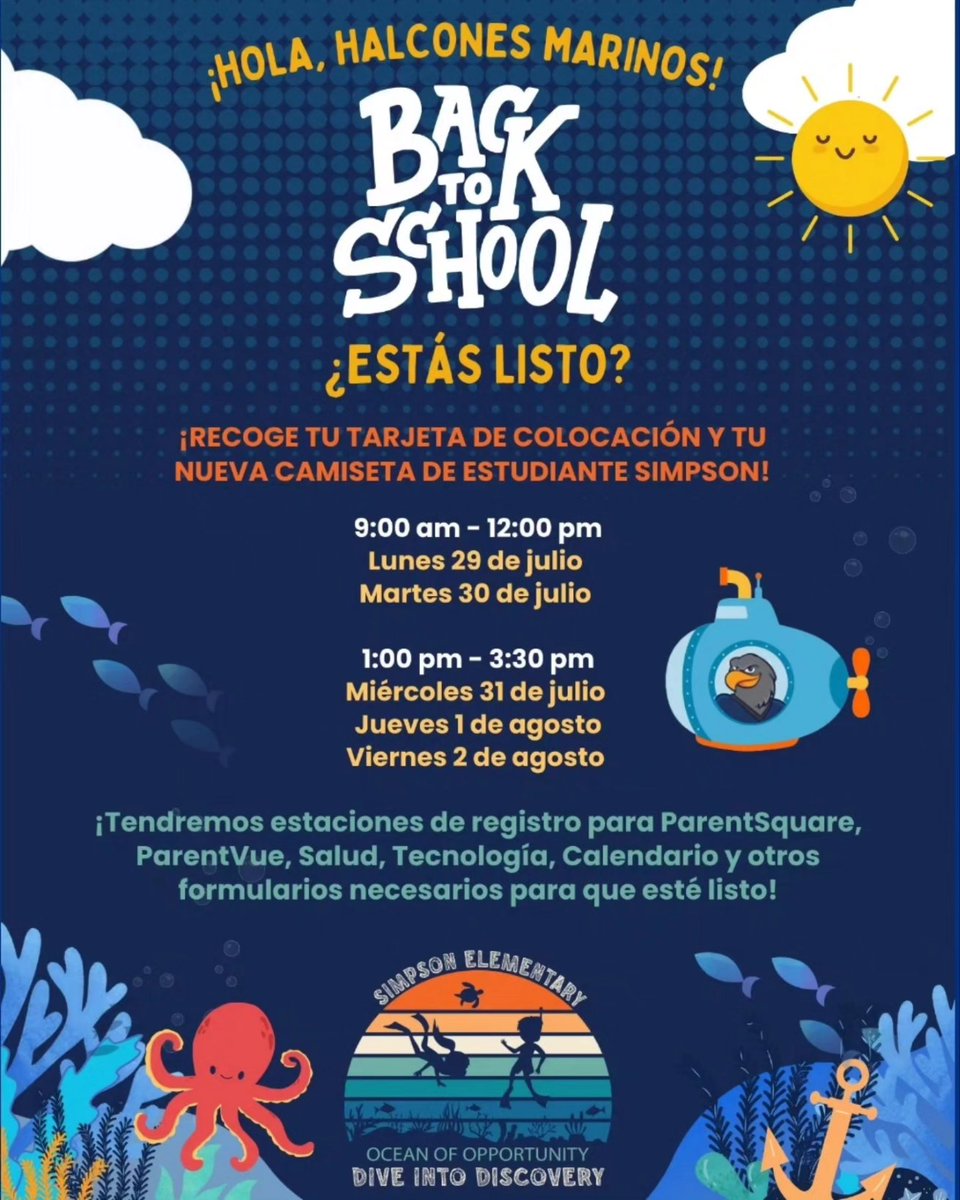 Seahawks!  Come and find out who your teacher will be next year.  Pick up your student placement cards, sign up for Parent Square, Parent Vue, review the Simpson Parent/Student Handbook, and get your new 24-25 Simpson t-shirt!  DIVE INTO DISCOVERY!
