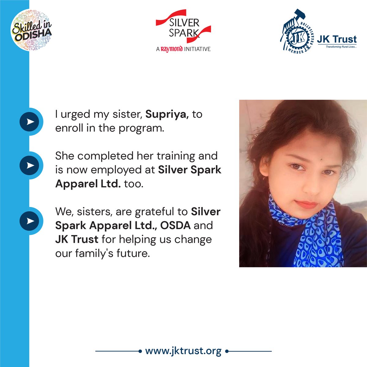 JKTrustOfficial's tweet photo. When opportunity knocks on your door, you should let it in.  

That's what Sumita and her sister Supriya did.  With the support of Silver Spark Apparel Ltd., @skilled_odisha, and JK Trust, they are now shaping a brighter future for their family. 

 #JKTrust https://t.co/pX6XwsaOx5
