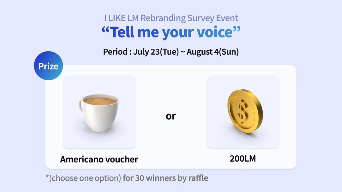 🔔I LIKE LM Rebranding Event : User Survey
“Tell me your voice👂"

Celebrating the new start of I LIKE LM,
we are holding a survey event to provide better service!
Please share your precious opinions!

🎁Winner Announcement: August 7 (Wed)

Survey Form
📩forms.gle/oUzHXRHGvxhYne…