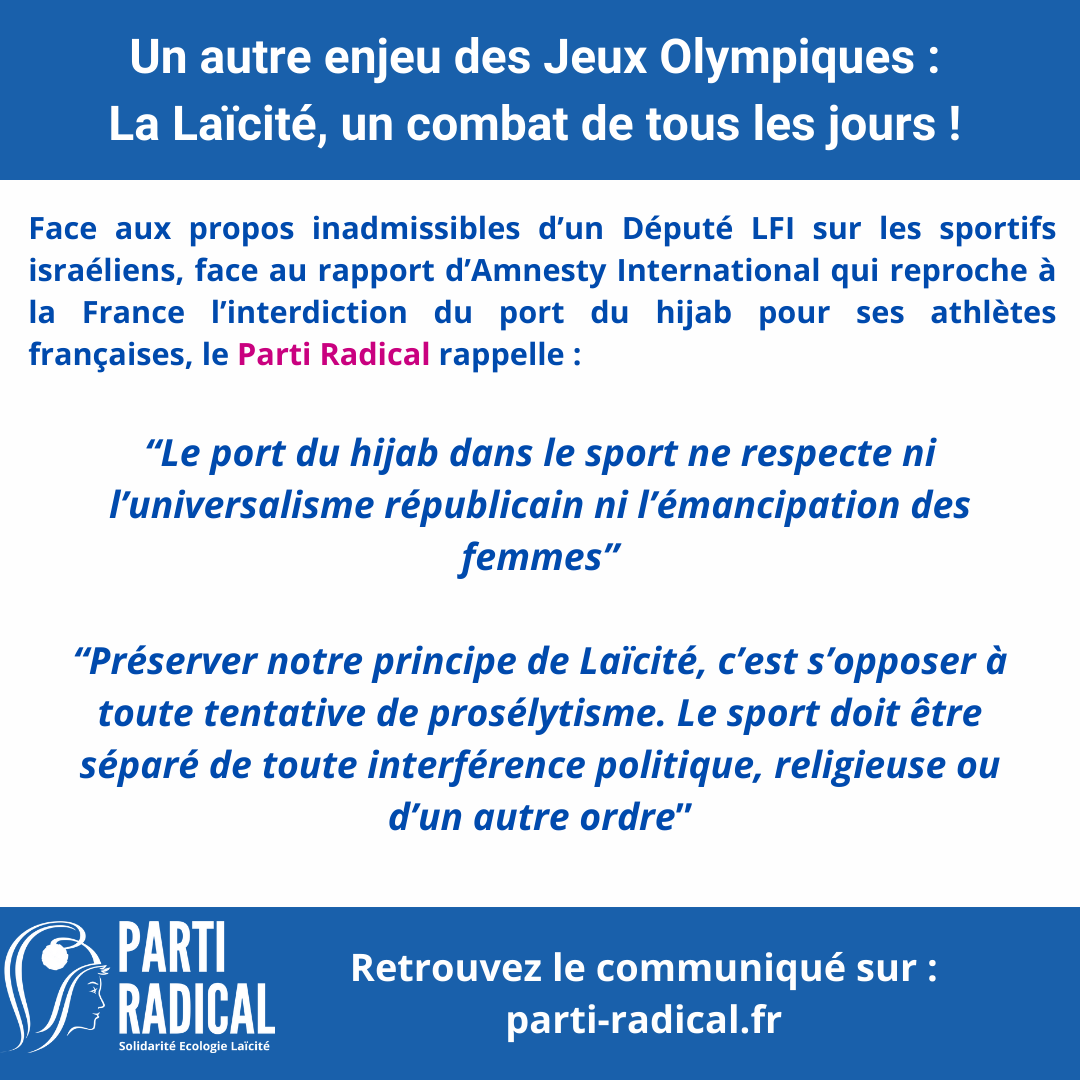 📣Communiqué du <a href="/PartiRadical/">Parti Radical</a> : "Un autre enjeu des #JeuxOlympiques2024 : la #Laicite , un combat de tous les jours !"
Retrouvez l'intégralité du communiqué sur : bit.ly/4bUgpOo