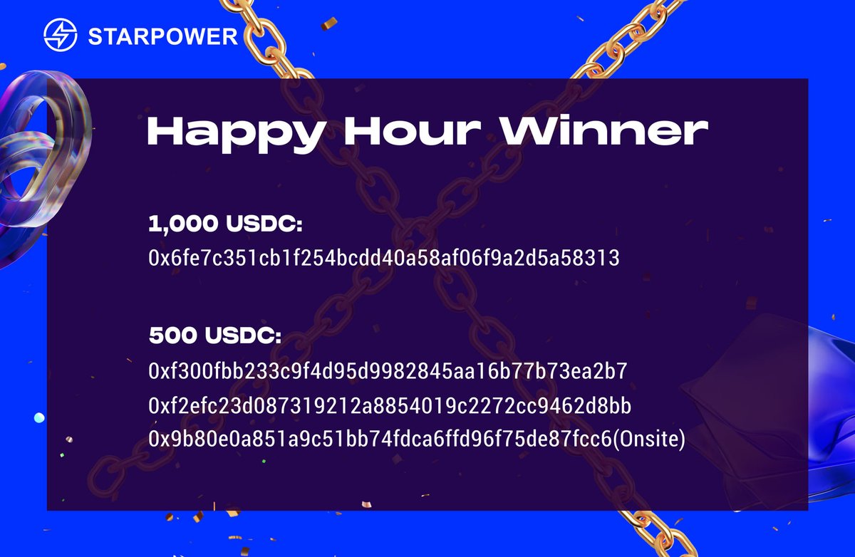 starpowerworld's tweet photo. 🌟 Starpower Happy Hour Raffle Winners Announcement! 🌟
Congratulations to the winners of our special event! 🎉
🏆 1000 USDC Grand Prize: 0x6fe7c351cb1f254bcdd40a58af06f9a2d5a58313
💵 500 USDC Prizes:
0xf300fbb233c9f4d95d9982845aa16b77b73ea2b7
0xf2efc23d087319212a8854019c2272cc9462d8bb
0x9b80e0a851a9c51bb74fdca6ffd96f75de87fcc6 (Onsite)
For the full list of winners, please check our website. We will also be emailing all winners shortly. Stay tuned for more exciting events as part of our DePIN Summer! 🚀
Didn't win this time? Don't worry, we have more chances coming up in the next round! See you there! 🎟️
#Starpower #RaffleWinners #CryptoRaffle #DePINSummer #Solana