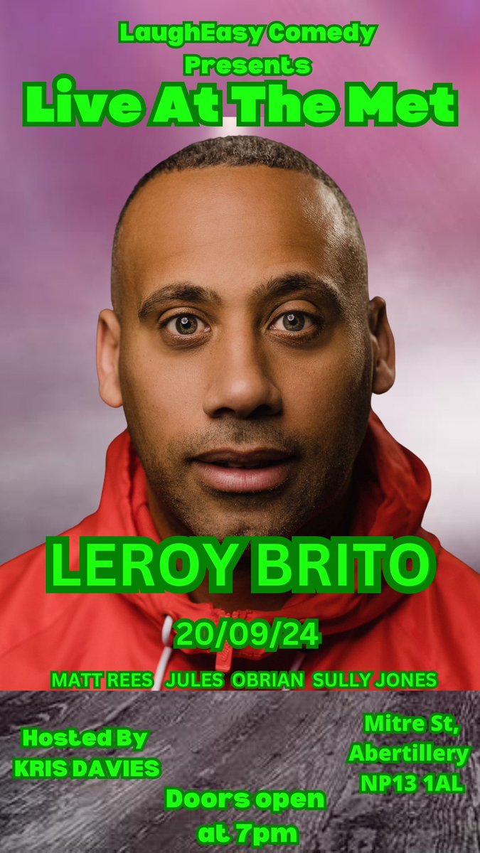 Kris Davies LaughEasy comedy (@krislaugheasy) on Twitter photo awenboxoffice.com/whats-on/comed…
Click on the link to see this fantastic show in a fantastic venue!! <a href="/leroybrito/">Leroy Brito</a> <a href="/themattrees/">Matt Rees Welsh Stand Up</a> <a href="/MetAbertillery/">The Met Abertillery</a> <a href="/southwalesargus/">South Wales Argus</a> #comedian #kingofwales #leroy #southwalescomedy #ticketsforsale #laughs #MustSee awenboxoffice.com/whats-on/comed…
Click on the link to see this fantastic show in a fantastic venue!! <a href="/leroybrito/">Leroy Brito</a> <a href="/themattrees/">Matt Rees Welsh Stand Up</a> <a href="/MetAbertillery/">The Met Abertillery</a> <a href="/southwalesargus/">South Wales Argus</a> #comedian #kingofwales #leroy #southwalescomedy #ticketsforsale #laughs #MustSee