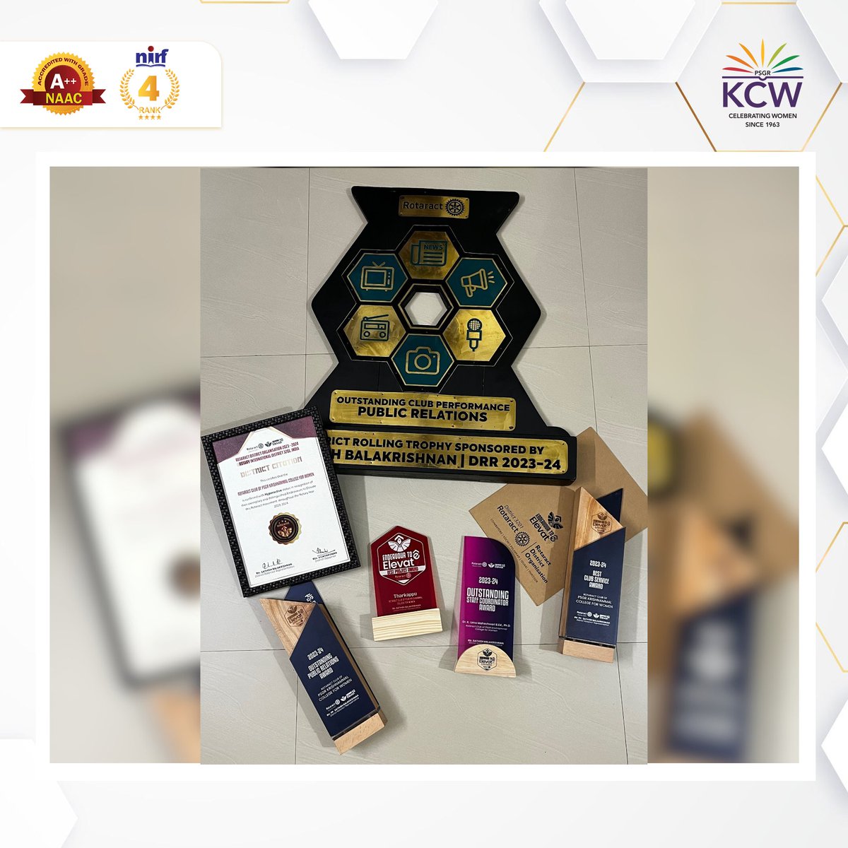 psgrkcw's tweet photo. We proudly completed 150 projects in the Elevate Year 2023-2024 and won awards for Best President, Secretary, PR, and more. Our Penta ID Program Citation reflects our commitment to excellence and service. Thank you for your support!

#RotaractPSGRKCW #CommunityService #Leadership https://t.co/09zgV2wa6w