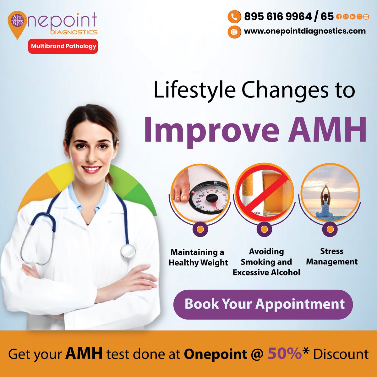 Boost Your AMH Levels with These Lifestyle Changes
Small changes can make a big difference in your reproductive health!
Get your AMH test done at Onepoint @ 50%* Discount 
𝐎𝐧𝐞𝐏𝐨𝐢𝐧𝐭 𝐃𝐢𝐚𝐠𝐧𝐨𝐬𝐭𝐢𝐜
𝐂𝐚𝐥𝐥 - 8956169964
𝐖𝐞𝐛𝐬𝐢𝐭𝐞: onepointdiagnostics.com 
#AMH