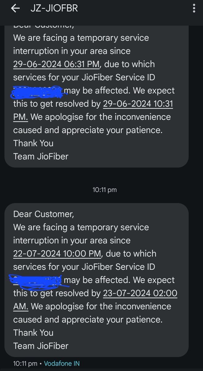 POOJARINEETA's tweet photo. Increase in price and increase in internet outage messages. JIO what's wrong? Auto voice Customer care says there is temporary outage and doesn't get directed at all. Missed watching world cup due to 3 days "outage in your area". You don't compensate either. Very annoying #Jio https://t.co/IZUPSX0sqJ