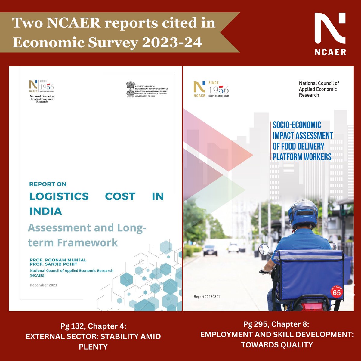 NCAER's recent research has been cited in the Economic Survey 2023-24!

🔹"Logistics cost declined by 0.8 to 0.9 percentage points of GDP b/w FY14 and FY22": bit.ly/4bZA53o
🔹"High probability of platform gig workers moving to better-paying jobs": bit.ly/3WgiDlB