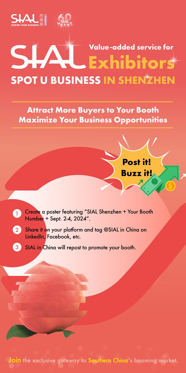 🌟 SIAL, 심천에서 당신의 비즈니스를 찾다 🌟

📍SIAL 심천 2024 방문객을 위한 최적화된 식음료 공급처를 발견할 수 있는 SNS공유 이벤트입니다.
✔️사전 등록 바로가기 : lnkd.in/gJdCK5Cc

📍SIAL 심천 2024 출품업체를 위한 부스 홍보 SNS 이벤트입니다.
SIALCHINA