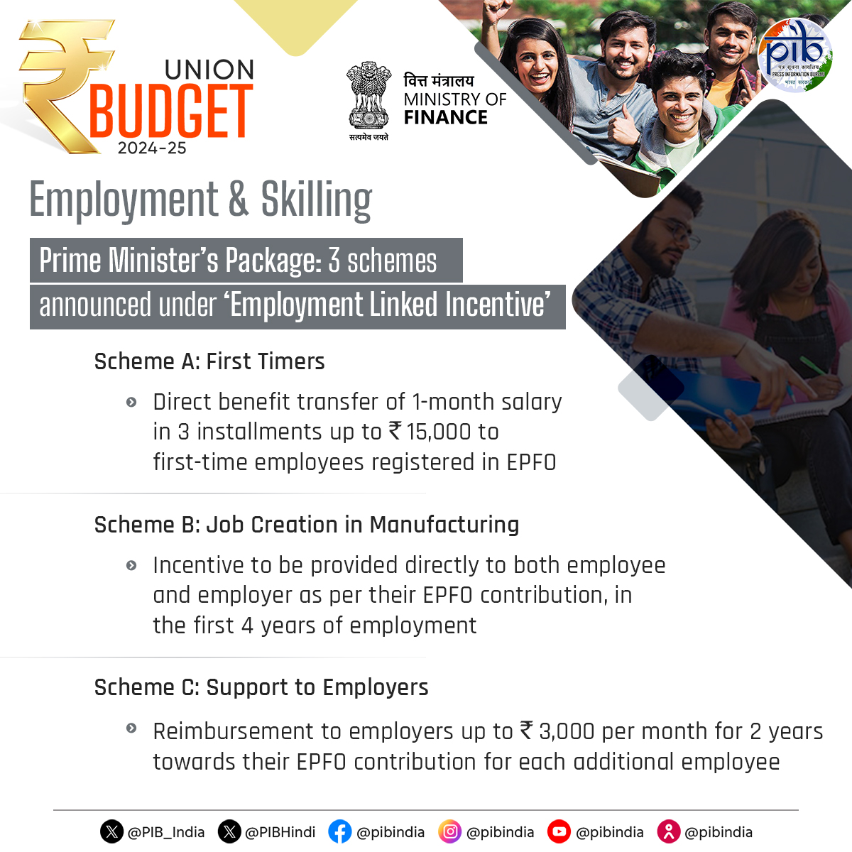 Prime Minister’s Package for employment and skilling: 3 schemes announced for ‘Employment Linked Incentive’

🔆Scheme A: First Timers
🔆Scheme B: Job Creation in manufacturing
🔆Scheme C: Support to employers