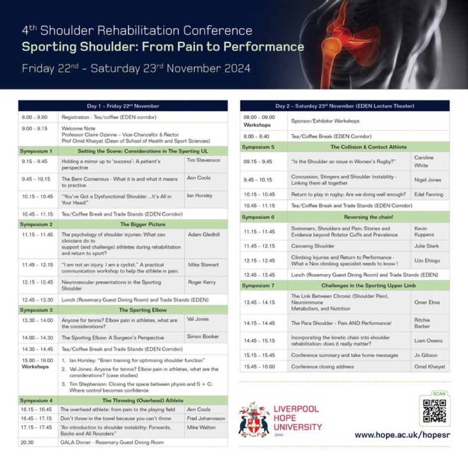 Early bird reg closing soon👇🏼

✅4th Shoulder Rehabilitation Conference 22-23 Nov 2024

hope.ac.uk/hopesr/

✅Shoulder Rehabilitation course by Prof Ann Cools 20-21 Nov 2024

hope.ac.uk/hopesr/anncool…

Book here👇🏼

store.hope.ac.uk/conferences-an…

<a href="/ShoulderGeek1/">Jo Gibson</a> <a href="/Back_in_Action/">Prof. Ian Horsley</a>