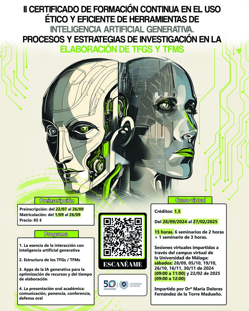 FORMACIÓN DE VANGUARDIA: IA GENERATIVA EN TUS TFGS Y TFMS
¿Cómo puedes aprovechar responsablemente la tecnología en tu trabajo fin de grado o de máster?
#IAGen #ÉticaEnIA #FuturoAcadémico #TFG #TFM