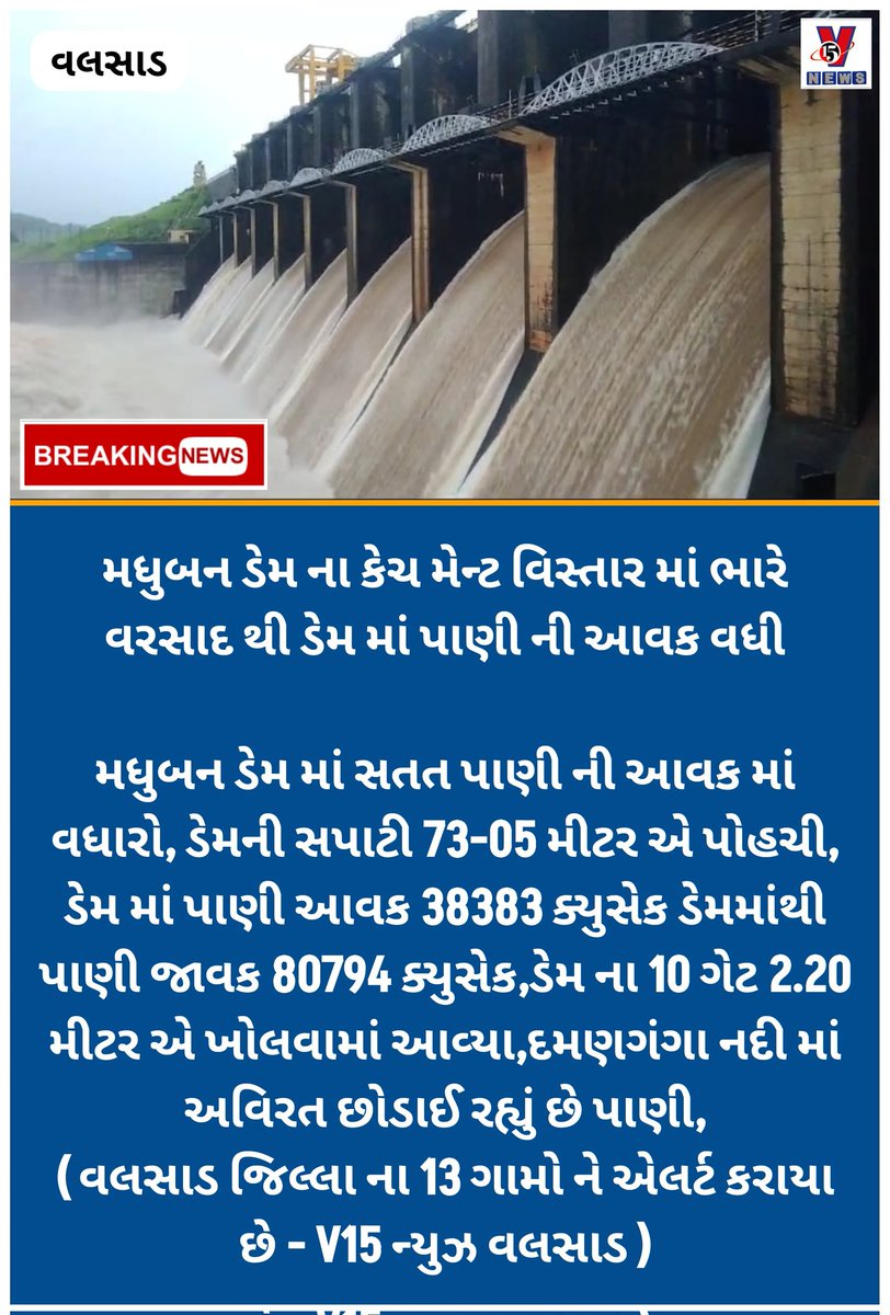 V15News's tweet photo. 🔴વલસાડ જિલ્લાના13 ગામોને એલર્ટ કરાયા-ઉપરવાસમાં ભારે વરસાદ પગલે નીચાણવાળા વિસ્તારમાં પાણી ભરાવાની સંભાવના વર્તાય ! https://t.co/FohDUGX8Kk