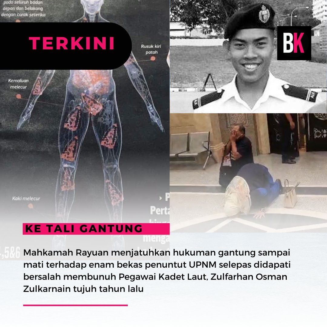 BANDUNG_KOSONG's tweet photo. Mahkamah Rayuan Putrajaya telah menjatuhkan Hukuman Gantung Sampai Mati kepada 6 orang bekas pelajar UPNM yang membunuh Zulfarhan Osman pada 2017. 

Mereka dihukum di bawah Seksyen 302 Kanun Keseksaan kerana membunuh dengan Niat

#hentikanbuli https://t.co/Vtnfqb82lM