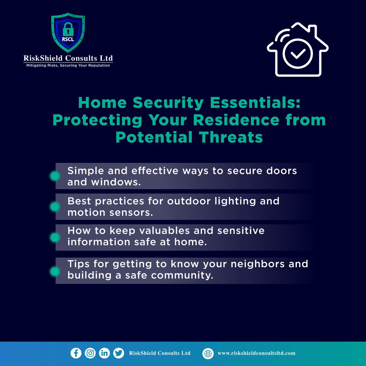 risk_shield's tweet photo. Your Home, Your Haven. Elevate your home security with these expert tips. 

- Fortify entry points
- Optimize outdoor lighting
- Protect your valuables
- Foster a secure community
For more details, Call/Whatsapp 0700888581
#HomeSecurity #SafeHome  #communitysafety https://t.co/Xbr3BCZooo