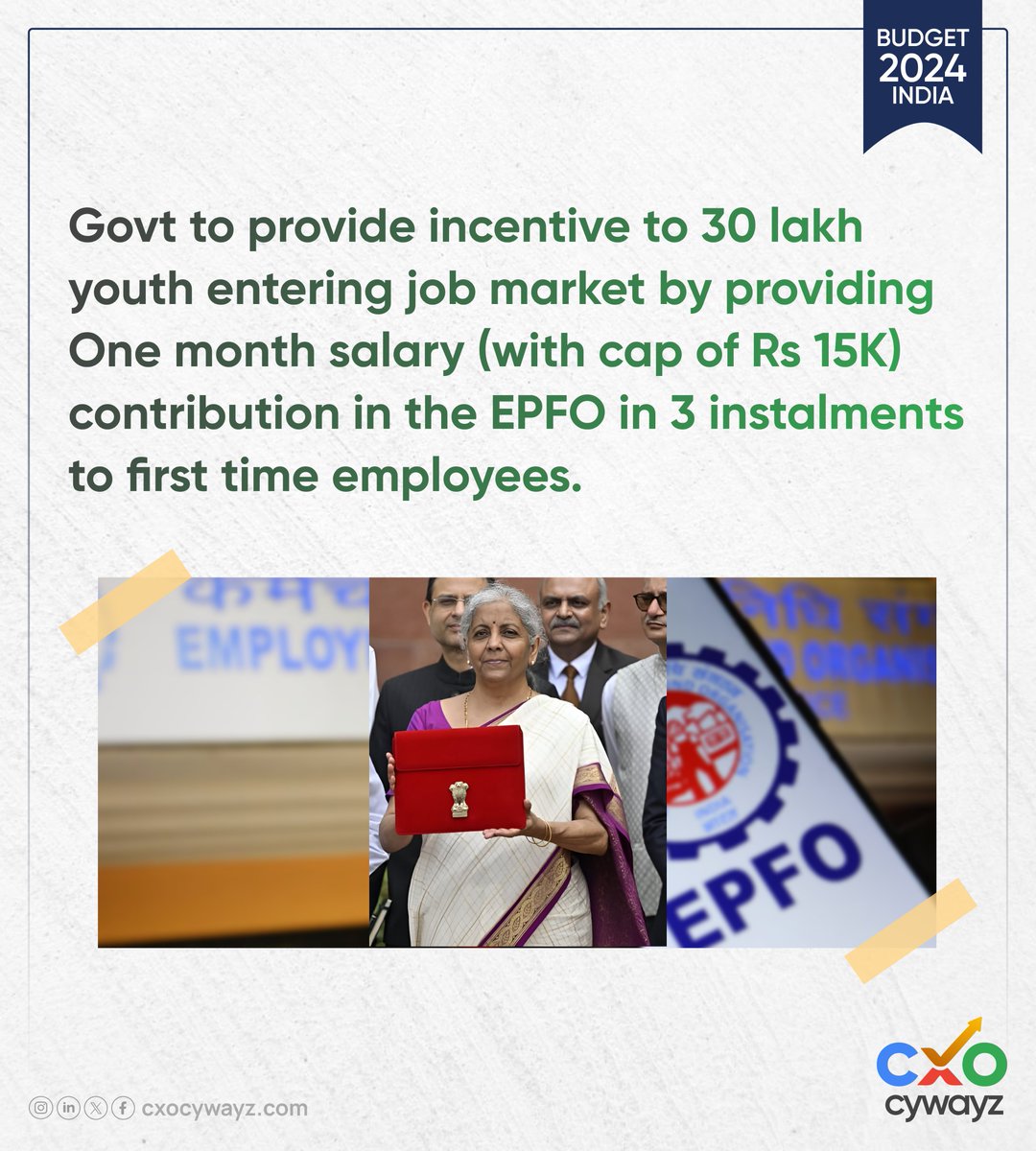 Govt to provide incentive to 30 lakh youth entering job market by providing One month salary (with cap of Rs 15K) to first time employees. #Budget2024
#UnionBudget #IndianBudget #BudgetHighlights #BudgetAnalysis #Economy #Finance #India #Government #FinanceMinister
