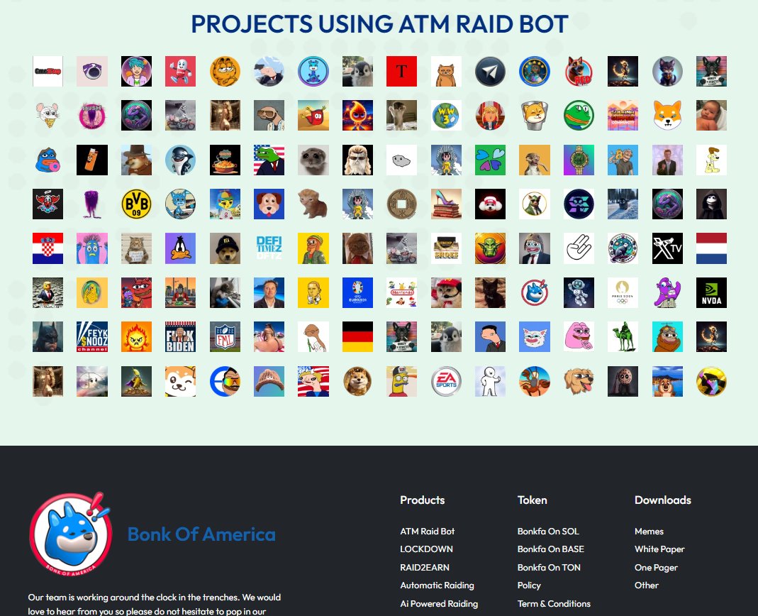 We are updating <a href="/BonkOfA/">Bonk of America</a> website and have a section of communities who are using <a href="/ATMRaidBot/">ATMRaidBot</a> and would love to link your logos to your official twitter pages, please dm me or main $BONKFA account which logo and link we need to connect! 🫡🏦🇺🇸 we already linked <a href="/POPDOGsolcoin/">$POPDOG</a>