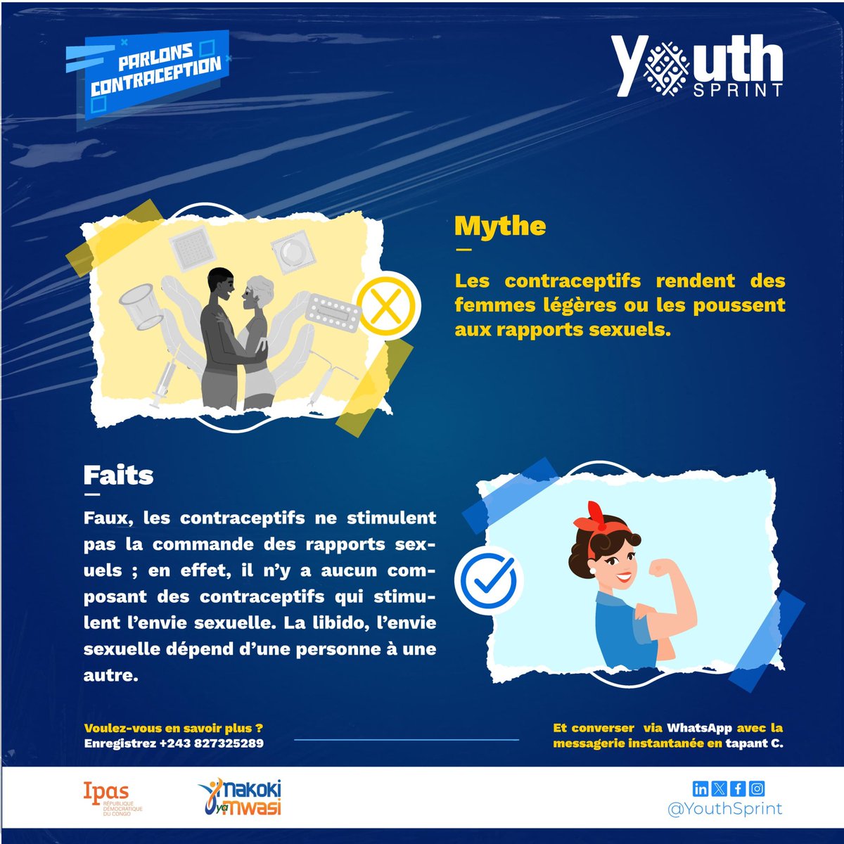 YOUTH SPRINT (@youthsprint) on Twitter photo #ParlonsContraception #Packard
Les méthodes contraceptives rendent des femmes légères ou les poussent aux rapports sexuels ?
❌#Faux, il y n'a aucun composant des contraceptifs modernes qui stimulent le plaisir sexuel.
📢Cela dépend d'une personne à aune autre.
<a href="/PackardFdn/">Packard Foundation</a> #ParlonsContraception #Packard
Les méthodes contraceptives rendent des femmes légères ou les poussent aux rapports sexuels ?
❌#Faux, il y n'a aucun composant des contraceptifs modernes qui stimulent le plaisir sexuel.
📢Cela dépend d'une personne à aune autre.
<a href="/PackardFdn/">Packard Foundation</a>