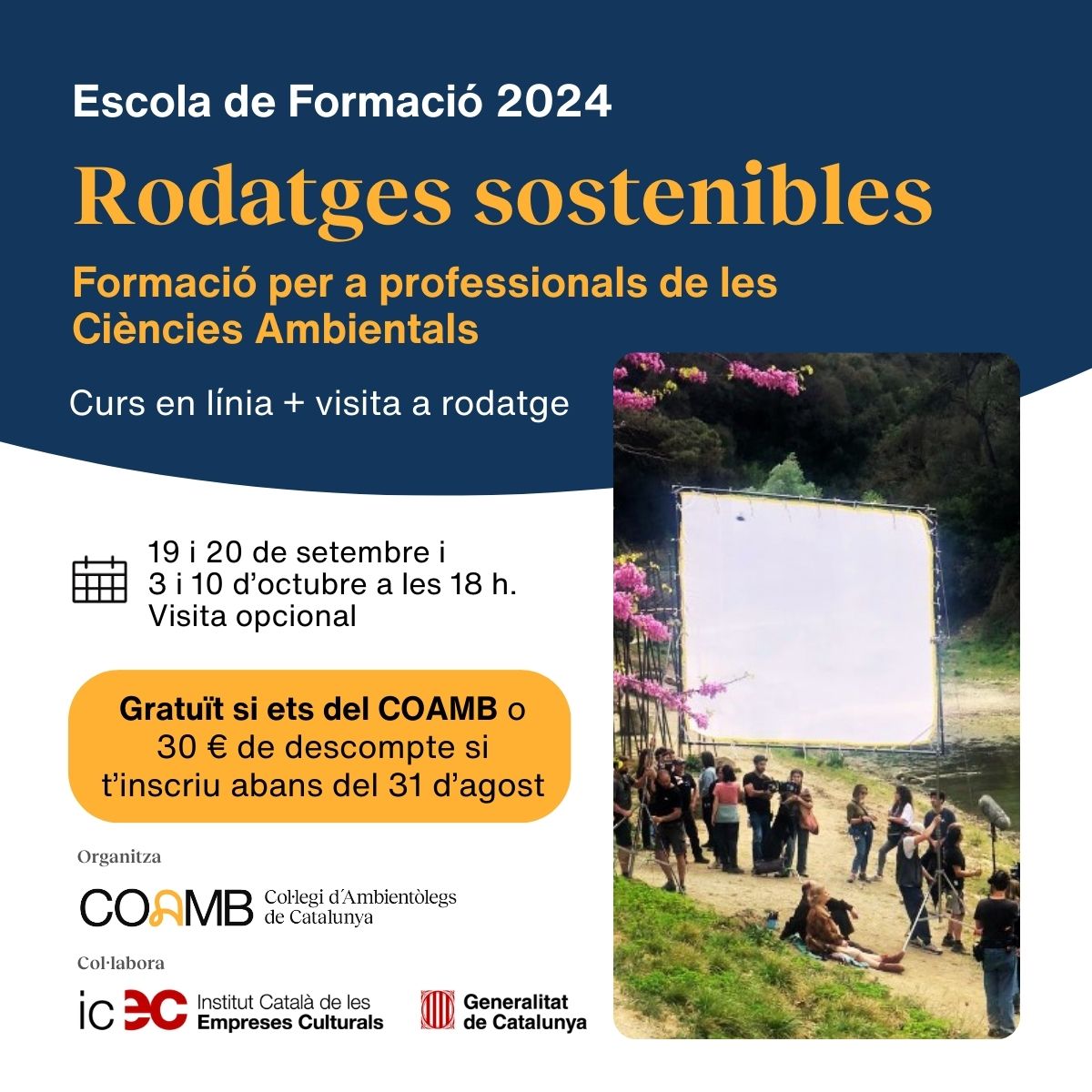 COAMBcat's tweet photo. 🎬🌱 Nova formació en #rodatgessostenibles per a ambientòlegs/as comença el 19 de setembre.
4 sessions de 2h i una visita a un rodatge per veure en primera persona com s'aplica!. No t'ho perdis! 🎬🌱@icec_cat 👉https://t.co/Z1shCQ1TQ4
#Sostenibilitat #FormacióAmbiental #COAMB https://t.co/hLcZjhxdyT