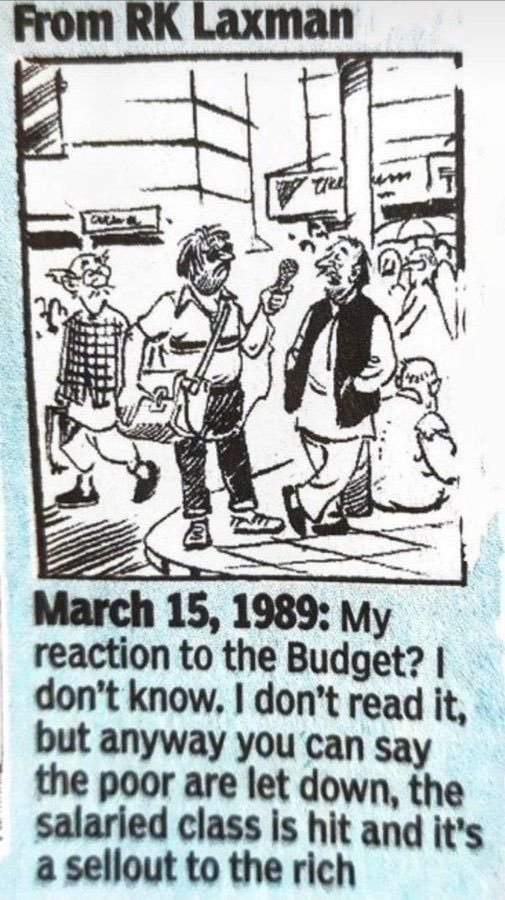NeetalSengar's tweet photo. In 1989, R K Laxman's cartoon predicted the same reaction to follow on this budget as well.😬😄 @ajeetbharti @Iyervval @ARanganathan72 @thakkar_sameet @UnSubtleDesi @SunainaHoley @MumbaichaDon @Ra_Bies @coolfunnytshirt @barkhatrehan16 @sandeep_author @RatanSharda55 @ExSecular https://t.co/es5ucWY33B