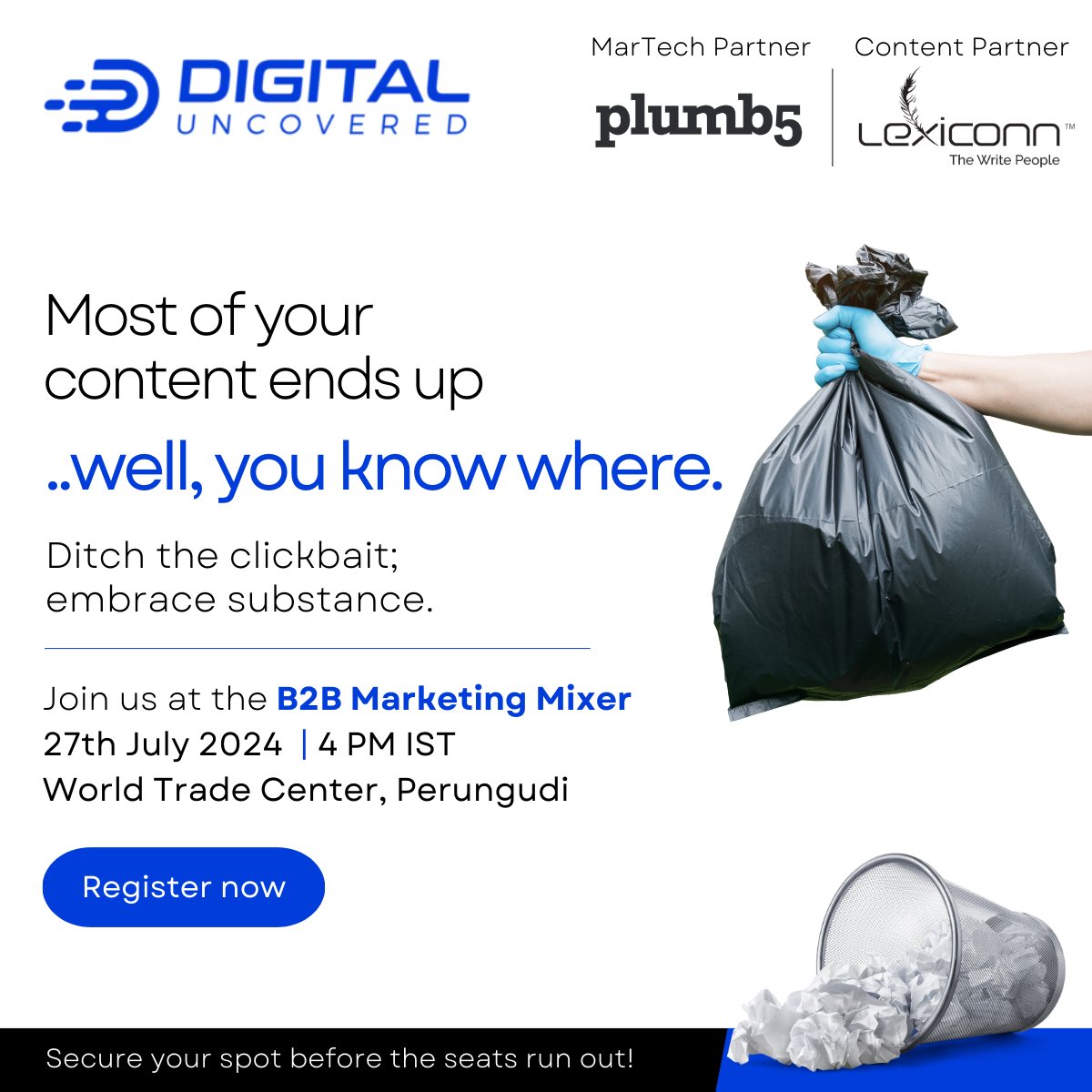 DigiUncovered's tweet image. Create content that matters to your audience. Don't know where to start? Join us at the B2B Marketing Mixer in Chennai on July 27th to learn more. 
lnkd.in/gy6DNysP

Sign up now, registrations close on 25th July 2024. 

#b2bmarketing #b2b #saas  #ContentMarketing #chennai