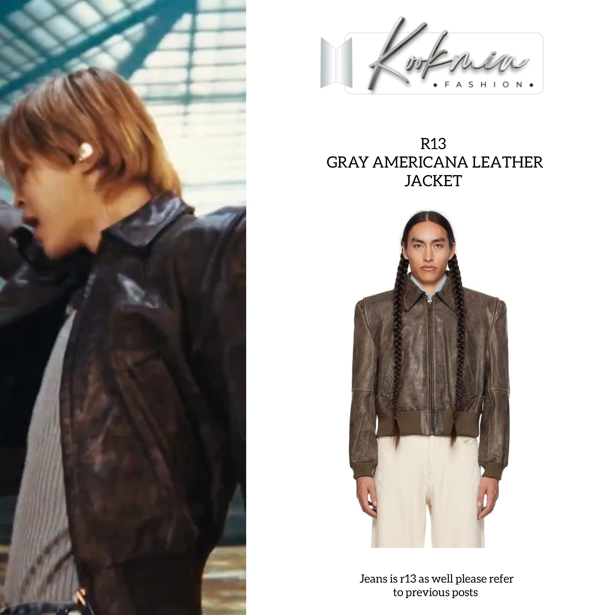 on X Jimin performs Who MUSE for FallonTonight WATCH https t nUahRylSoG Wearing R13 Gray Americana Leather Jacket Jeans r13 boyfriend jeans Army twwjiminoutfit as promised the 23rd post is here htt...