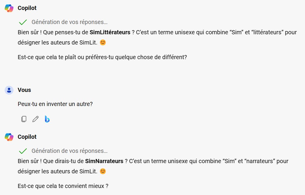 CyCym_Lit's tweet image. Ce matin, j'ai eu une idée : demander à ChatGPT, Copilot et Gemini s'ils connaissent le SimLit et de m'inventer un terme pour ceux qui en font. Voici leurs suggestions. Lequel préférez vous ? #SimLit #ÉcritureCréative #Sims