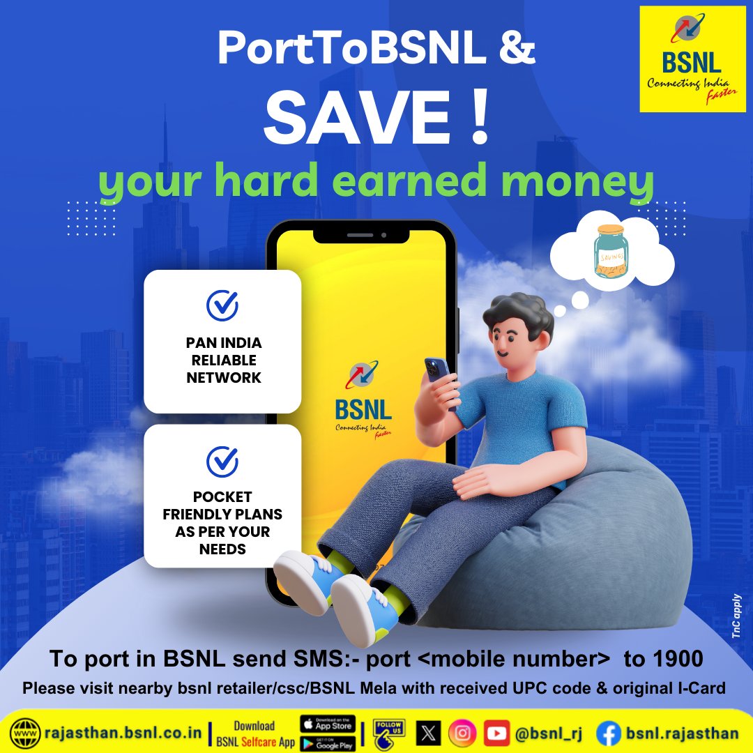 BSNL_RJ's tweet photo. #PortToBSNL & #StayConnected with pan India reliable #BSNLNetwork.
Save your hard earned money with pocket friendly plans as per your needs. #PV153 #PV199 #FRC249 #PV999 #PV1198 #PV1999 #PV2399
#BSNL #SwitchToBSNL #bsnlrecharge https://t.co/GAdzhO6BnA