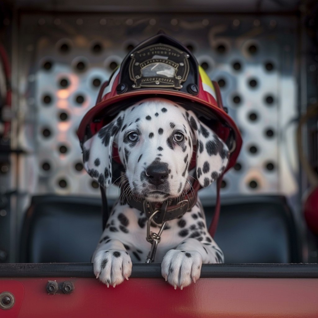 PuppiesGoPlaces's tweet photo. Reporting for duty! This spotted rookie is ready to save the day. 🚒🐾 What would your pet's dream job be? #PuppiesInOddPlaces #FirefighterPup https://t.co/DUanUI4663
