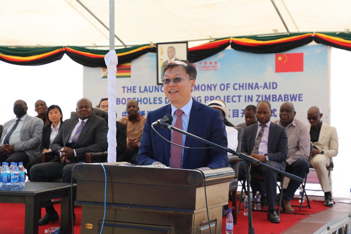 ChineseZimbabwe's tweet photo. Ambassador Zhou Ding joined Hon. Daniel Garwe, Minister of Local Government and Public Works @MoLGPWZim, and Hon. Dr Appolonia Munzverengwi, Minister of State for Provincial Affairs and Devolution for Mashonaland East in launching the China-aid 300 Boreholes Drilling Project  @aperionzhj on July 22.
Ambassador Zhou underscored that as Zimbabwe’s all weather friend, China quickly responded to H.E. President Mnangagwa's call by providing emergency food assistance and implementing the 300 boreholes drilling project to cope with the drought issue and food crisis.
Minister Garwe and Minister Munzverengwi expressed gratitude to China’s timely assistance and said the Borehole Drilling Project was a symbol of cooperation, compassion and the unwavering support from China.
Over the past ten years, China has drilled more than 1,000 boreholes across Zimbabwe, providing easy access to clean water and agricultural irrigation for about 400,000 people.